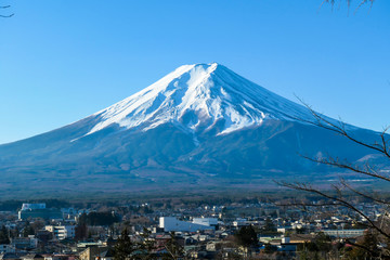 A distant view on Mt Fuji in Japan on a clear, wintery day. The top parts of the volcano are covered with a layer of snow. Holly mountain of Japan. A few tree branches in the frame.