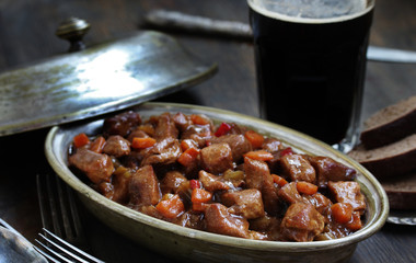 Traditional Irish Stew. an Irish dish for St. Patrick's Day. stewed in dark guinness beer