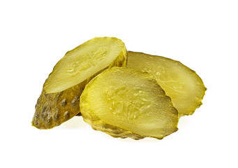 Fresh sliced green pickles isolated over white background