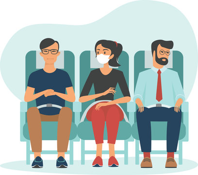 Woman sitting inside aircraft wearing protective medical mask