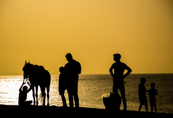 A silhouette of people and a horse at Jampore beach in Daman, India
