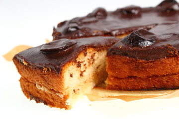 Chocolate Topped Sponge Cake with Prunes and Toffee Sauce