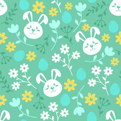 Obraz premium Easter seamless pattern with flowers, eggs and rabbits. Stock vector illustration for web, print, wrapping and scrapbooking paper, wallpaper and background.
