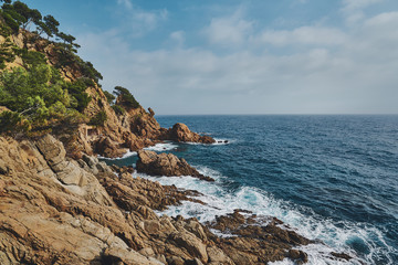 Mediterranean Landscape with rocks, pine trees and rough cliffs in Costa Brava. Blanes, Catalonia, Spain.