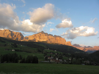 Sunset Dolomites landscape at summer . View from La Villa village, Bolzano, Alto Adige, South Tyrol, Italy