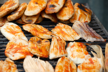 Group of tamales, made with corn and chicken or pork meat, sasonado with typical Guatemalan sauces, economic dish for street sale, nutrition with carbohydrates, protein and fiber.