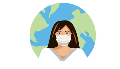 Vector image of a lady wearing a mask with the globe behind her - global or travel health and viruses or bacteria. Coronavirus.