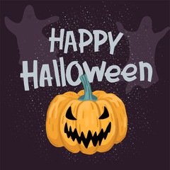 Scary pumpkin with carved face and casts. Lettering Halloween party. Vector cartoon illustration