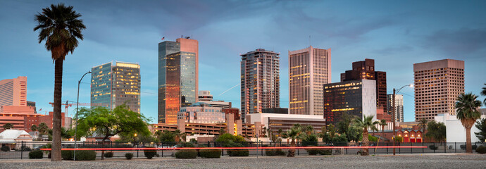 Cityscape panoramic skyline view of office buildings and apartment condominiums in downtown Phoenix Arizona USA