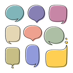 Set different hand-drawn colorful speech bubble. Talk chat speak message. Empty blank comment. Vector illustration design