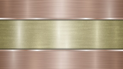 Background consisting of a golden shiny metallic surface and two horizontal polished bronze plates located above and below, with a metal texture, glares and burnished edges