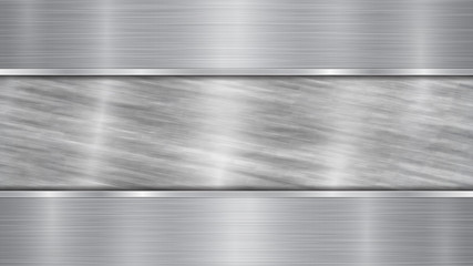 Background in silver and gray colors, consisting of a shiny metallic surface and two horizontal polished plates located above and below, with a metal texture, glares and burnished edges