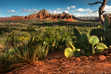 Capitol Butte and Coffee Pot Rock formation as seen from Airport Mesa over the town of Sedona...