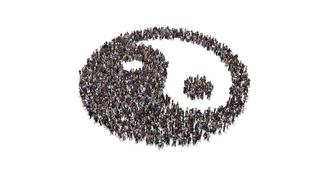 3d animation of people gathering into a crowd and forming a yin and yang symbol