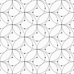 Abstract seamless pattern of connecting circles and rounded lines. Modern stylish texture. Linear style. Spiral elements. Dots in nodes. Vector monochrome background.