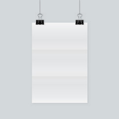 Paper poster. White blank sheet folded in three hanging on wall. Poster template isolated on transparent background. Vector clean mockup