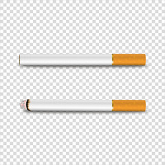 Vector 3d Realistic Clear Blank Whole and Lit Cigarette Icon Set Closeup Isolated on Transparent Background. Design Template. Smoke Problem Concept, Tobacco, Cigarette Mockup. Front, Top, Side View