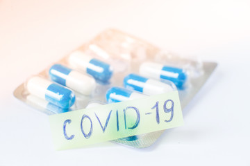 Colored pills close-up. Coronavirus vaccine concept macro