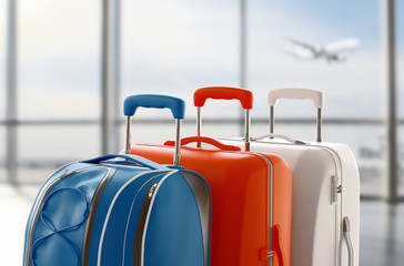 Suitcase or trolley and airport background with plane. 3d rendering