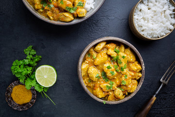 Spicy chicken cooked with curry sauce and rice, top view