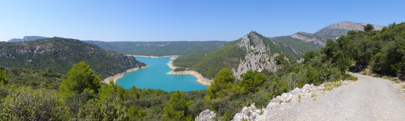 Panoramic view of the Congost de Montrebei and the landscape of the gorge formed by the Noguera Ribagorçana River, Sierra del Montsec, Catalonia