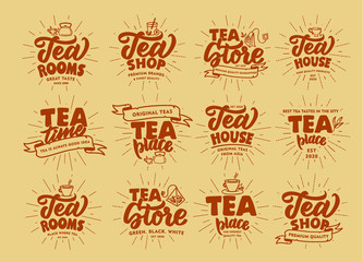 Set of vintage Tea emblems and stamps. Hot drink badges, stickers on beige background with rays.