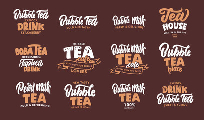 Set of Bubble tea vintage phrases. Emblems, badges, templates, stickers on brown background.