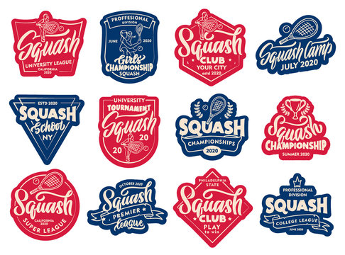 Set of Squash stickers, patches. Colorful badges, emblems, stamps for on white background.