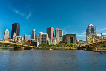Fototapeta na wymiar City skyline view over the Allegheny River and Roberto Clemente Bridge in downtown Pittsburgh Pennsylvania USA