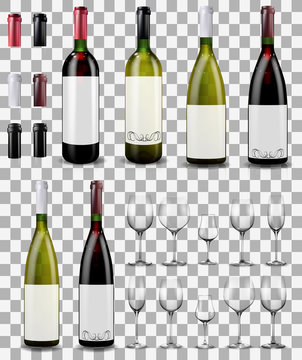 Wine glasses and bottles. Caps closing the stopper bottle.