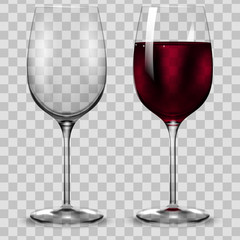 Empty and full transparency red wine glass. Vector.