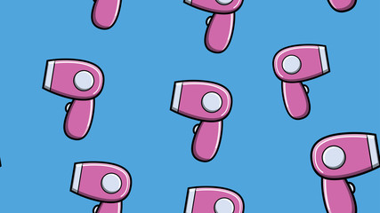 texture seamless pattern purple hair dryer for drying hair on a blue background for girls, barbie, doll hair dryer, toy hair dryer, hand dryer, wallpaper drawings. Vector illustration
