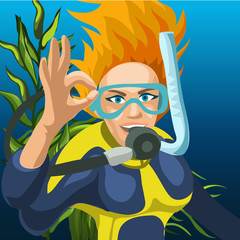 Sketch of a poster of a happy woman diver raising a hand with the ok sign. Vector cartoon close-up illustration.