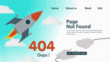 Banner Oops 404 error page not found Internet connection problems rocket flying in clouds in the sky for websites and mobile apps Flat vector illustration