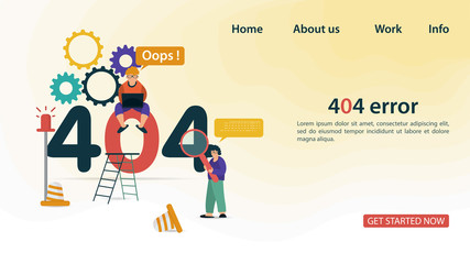 Illustration Oops 404 error page not found Internet connection problems small people using a laptop and magnifying glass trying to make repairs Flat vector illustration