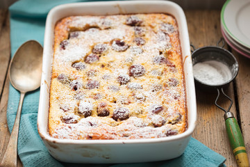 Cherry clafoutis with icing sugar 