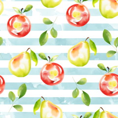 Fruit seamless pattern. Watercolor apples and pears. On a watercolor background
