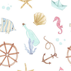 Cute samless pattern of marine things, anchor, shells, paper boat, fish, stars. Watercolor drawing by hand. For use in the design of covers, things, packaging, fabrics, on canvas, poster, postcard,