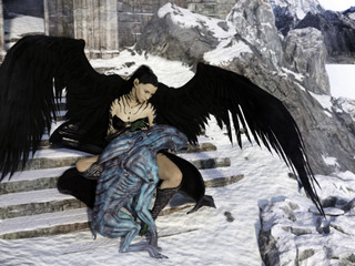 Epic: Fallen angel with the creature from hell. 3d illustration.