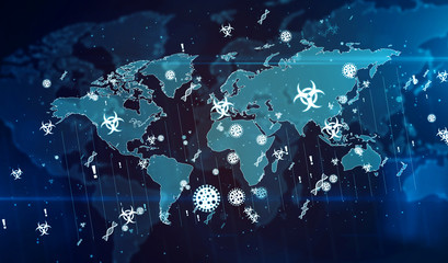 Virus global pandemic background with biology icons - obrazy, fototapety, plakaty