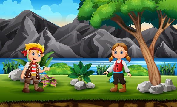 Pirate boy and girl in the nature background