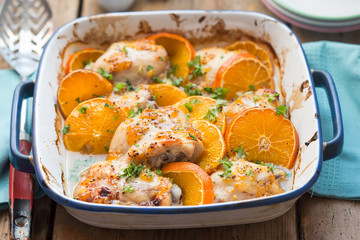 Chicken in marinade, fruity chicken with clementines. 