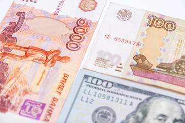 Russian rubles rub and american dollars usd exchange rate concept, financial crisis in Russia