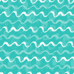 Sea Waves Paint Brush Strokes Vector Seamless pattern. Hand drawn Grunge Blue Waves Background