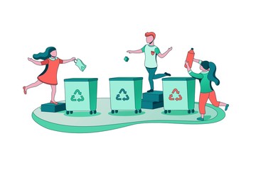 Garbage sorting concept, kids throwing trash into container, ecology vector flat illustration, cartoon children clearing litter, recycle waste into dustbin