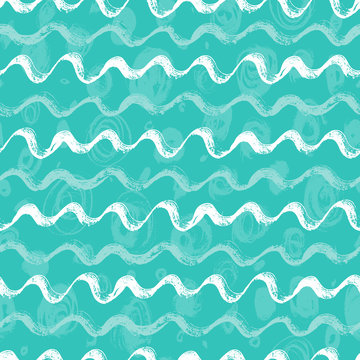 Sea Waves Paint Brush Strokes Vector Seamless Pattern. Hand Drawn Grunge Blue Waves Background