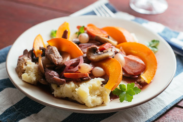 Squash au vin with TVP  pieces over mashed Potatoes