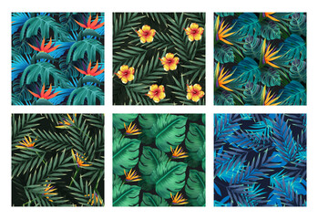 Seamless set. Bright tropical patterns with jungle plants. Exotic backgrounds with tropical leaves © stonepic