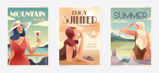 Foto op Plexiglas Retro Design zomervakantie en zomerkamp poster. Meisje ontspannen op het strand. Vector © stonepic