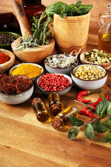 Spices and herbs on table. Food and cuisine ingredients with pepper